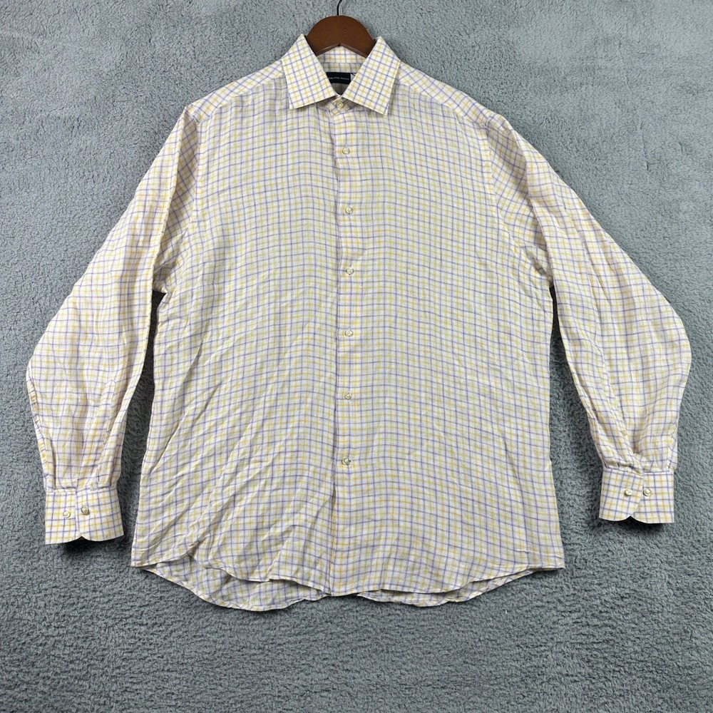Saks Fifth Avenue 100% Linen Plaid Button Down Shirt Mens 17 Yellow Purple Check